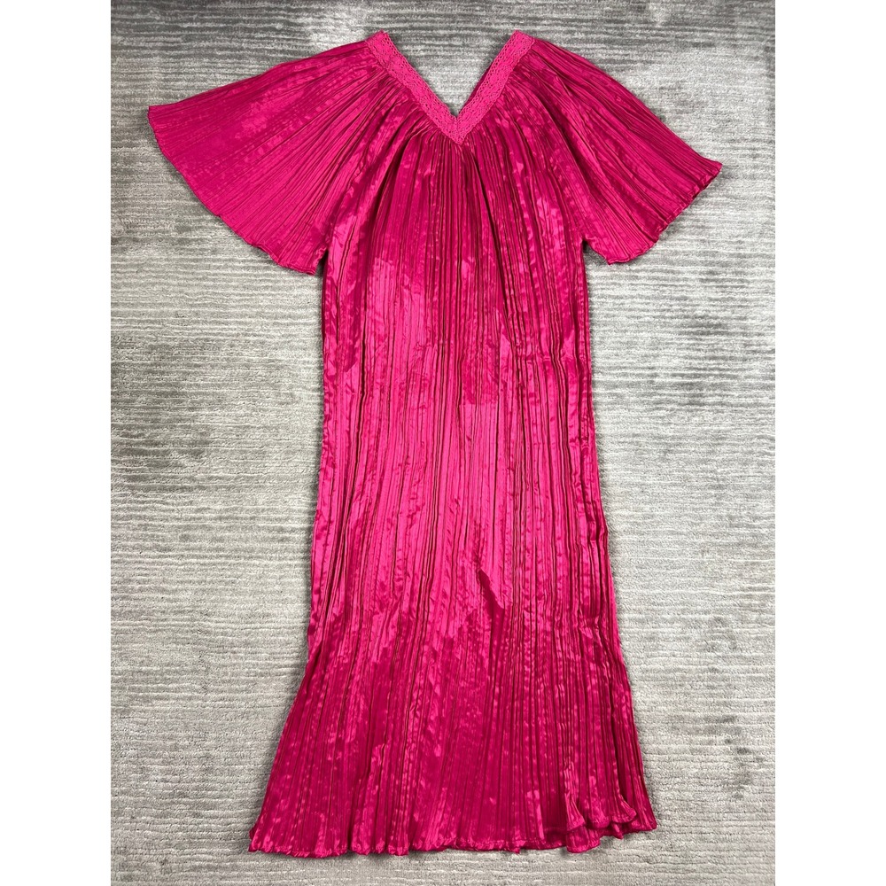 Bobbie Brooks Nightgown Womens OS Pink Pleated Flutter Sleeve Crochet V-Neck